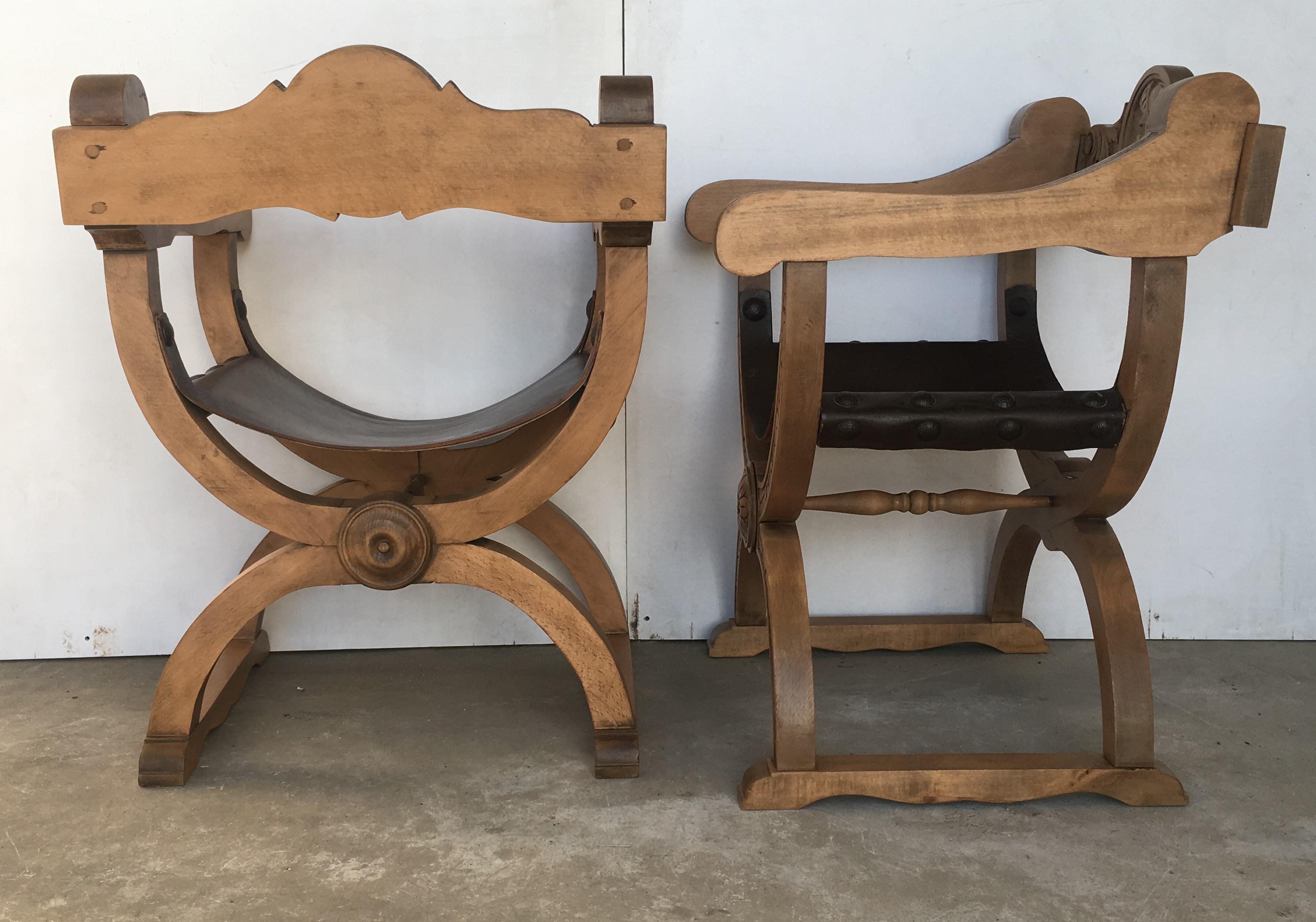 19th Pair of Carved Walnut Leather Savonarola Bench or Settee 2