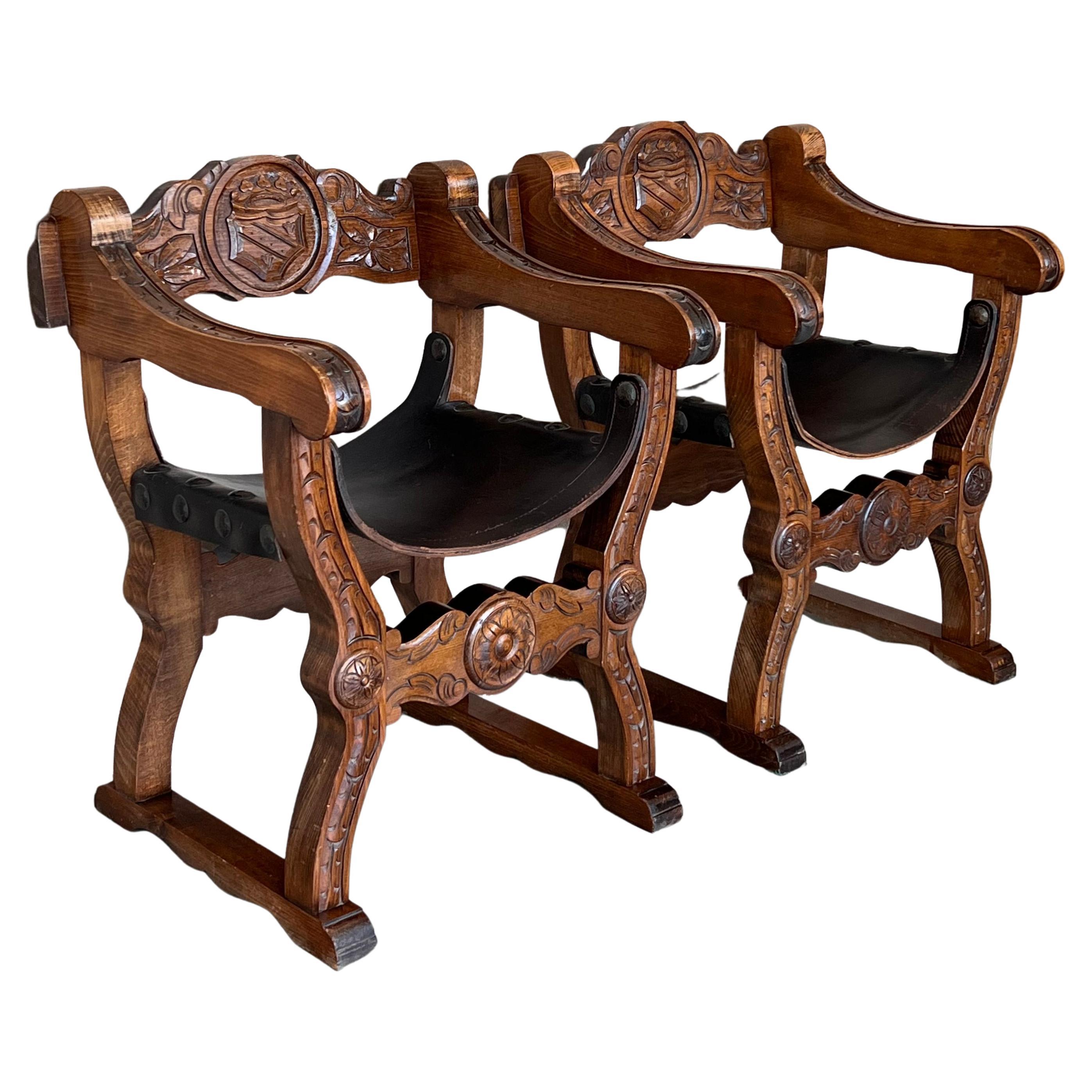 19th Pair of Carved Walnut Leather Savonarola Bench or Settee For Sale