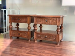 19th Pair of Catalan, Spanish Nightstands with Carved Drawers and Open Shelf