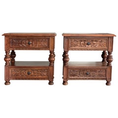 19th Pair of Catalan, Spanish Nightstands with Carved Drawers and Open Shelf