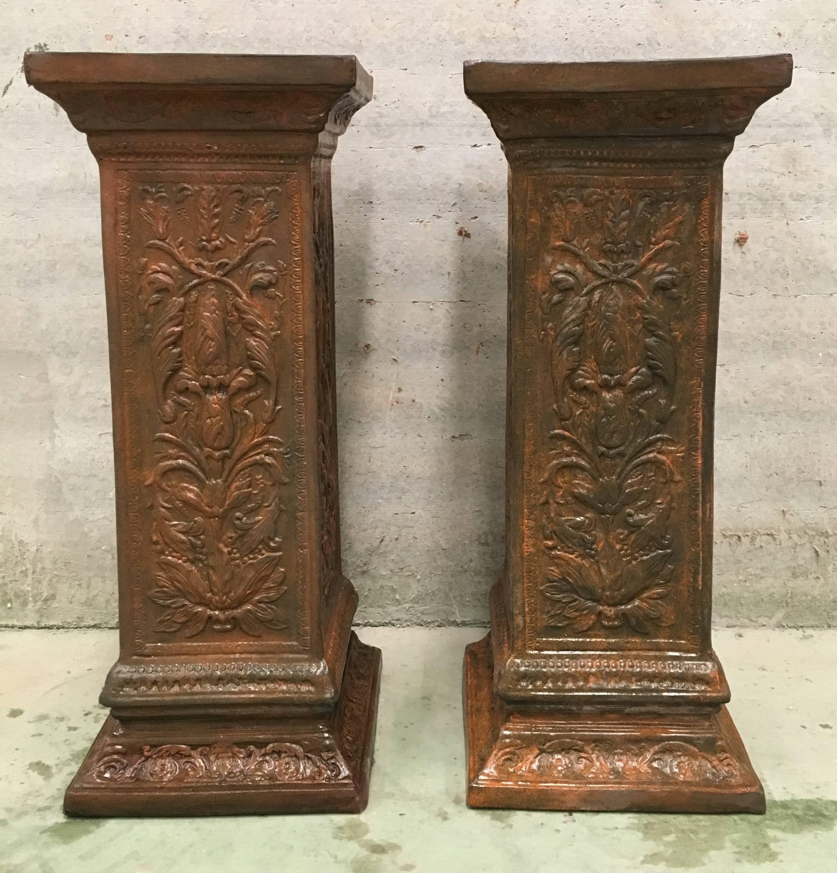 Spectacular 19th pair of columns or pedestals in glazed handmade terracotta.