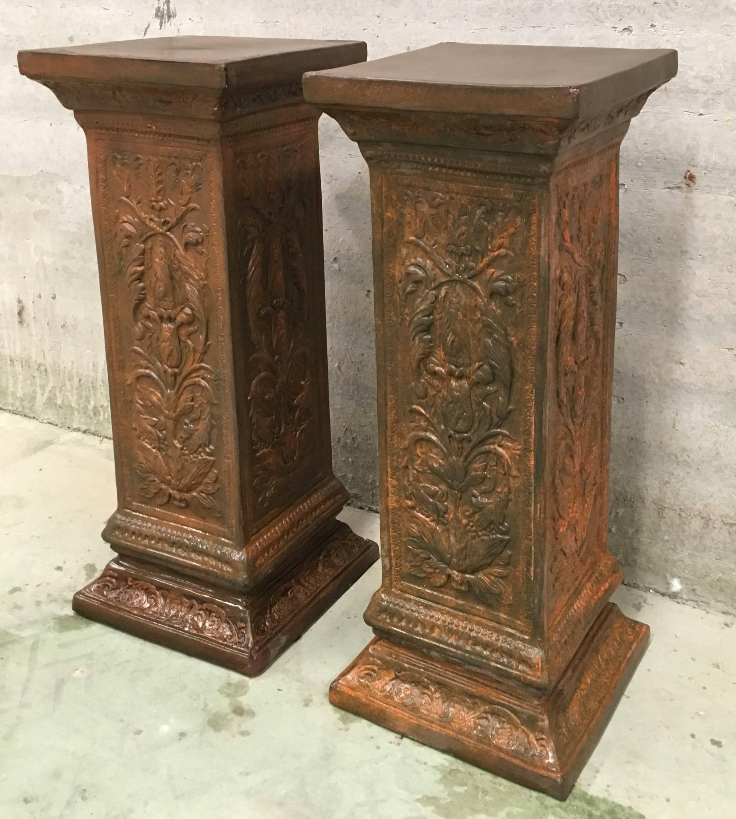 Italian 19th Pair of Columns or Pedestals in Glazed Handmade Terracotta