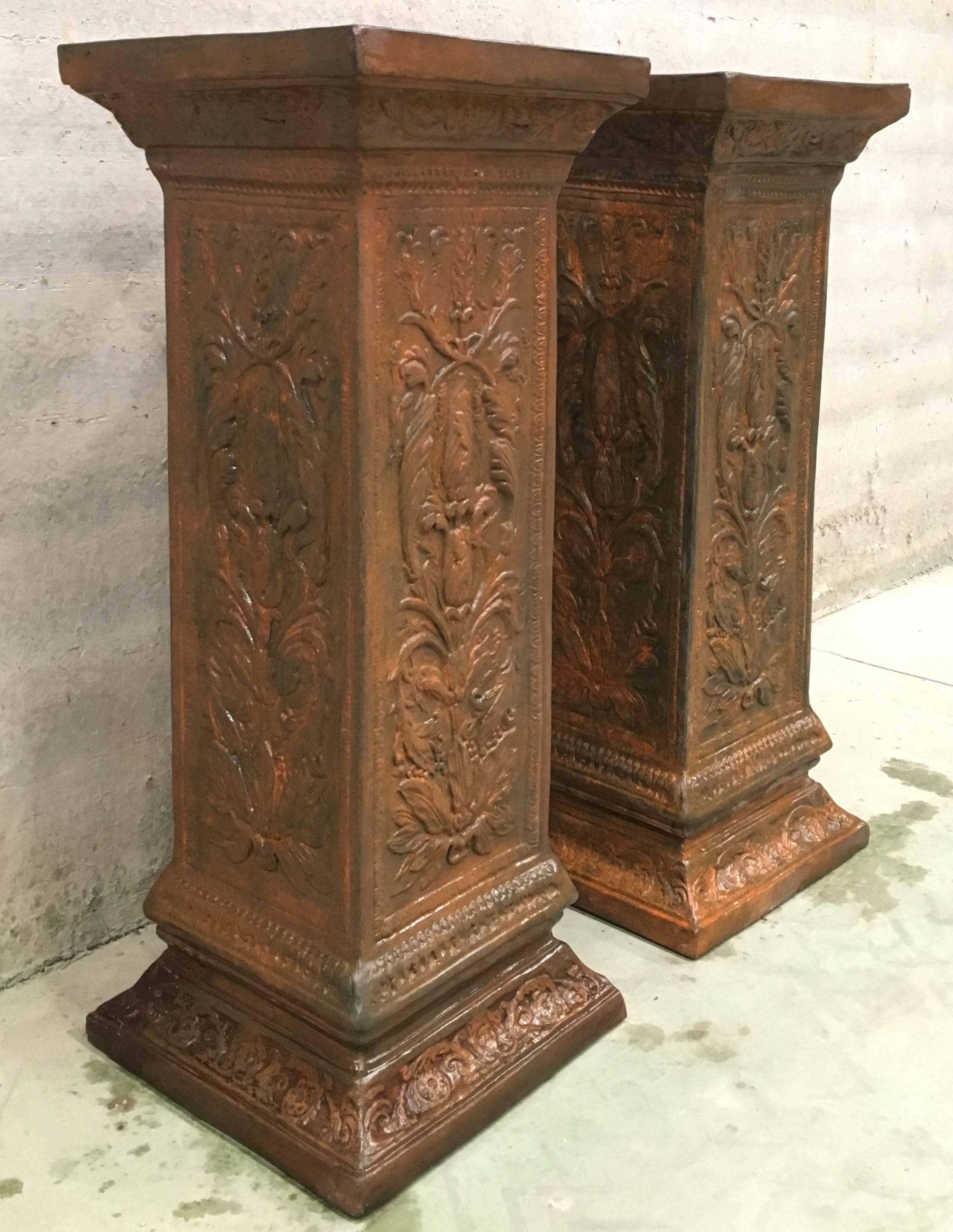 19th Pair of Columns or Pedestals in Glazed Handmade Terracotta In Excellent Condition In Miami, FL