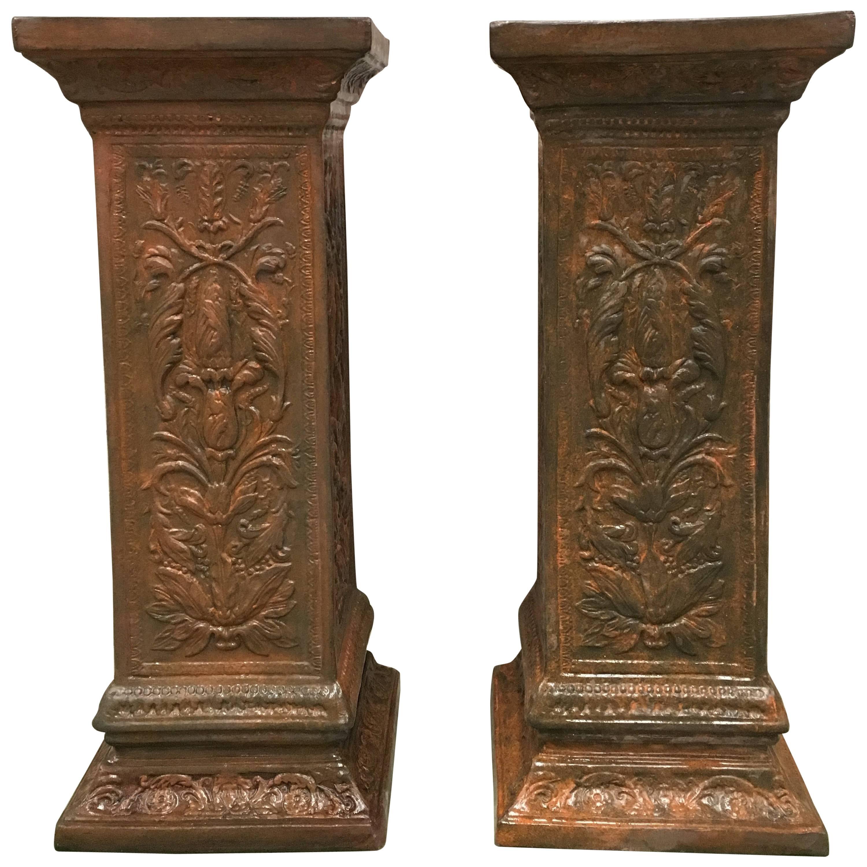 19th Pair of Columns or Pedestals in Glazed Handmade Terracotta