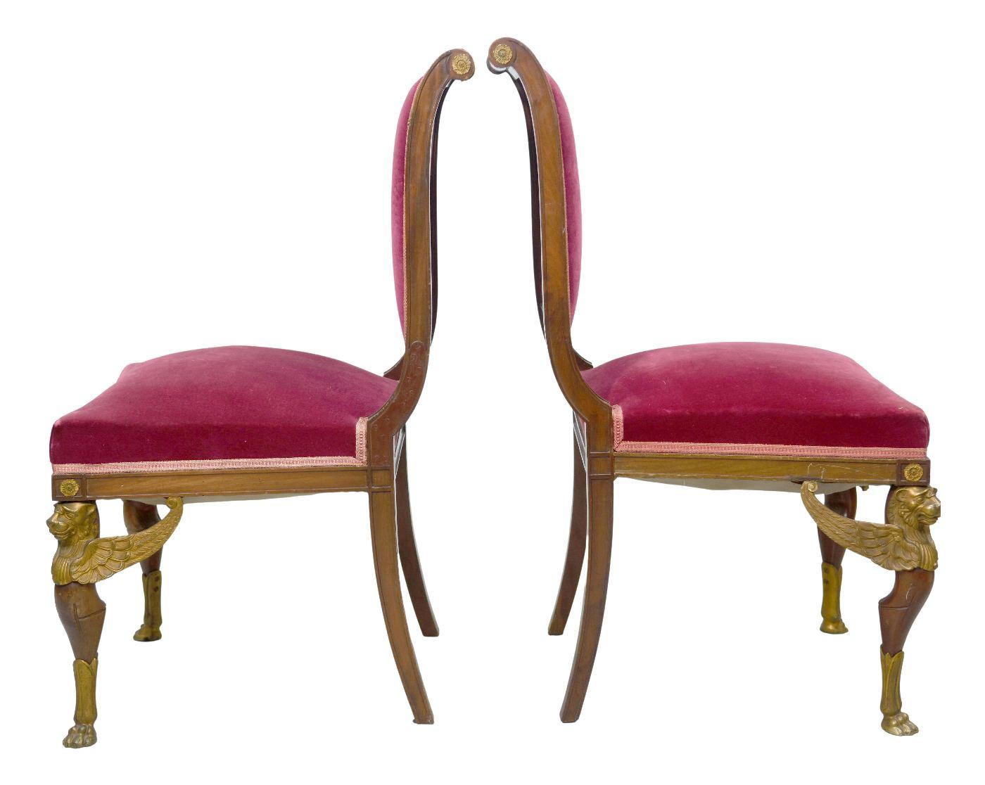 Pair of empire style mahogany and gilt bronze visitor chairs decorated with griffins upholstered in rich raspberry velvet gilt bronze register dimension height 96 cm for a width and a depth of 56 cm.