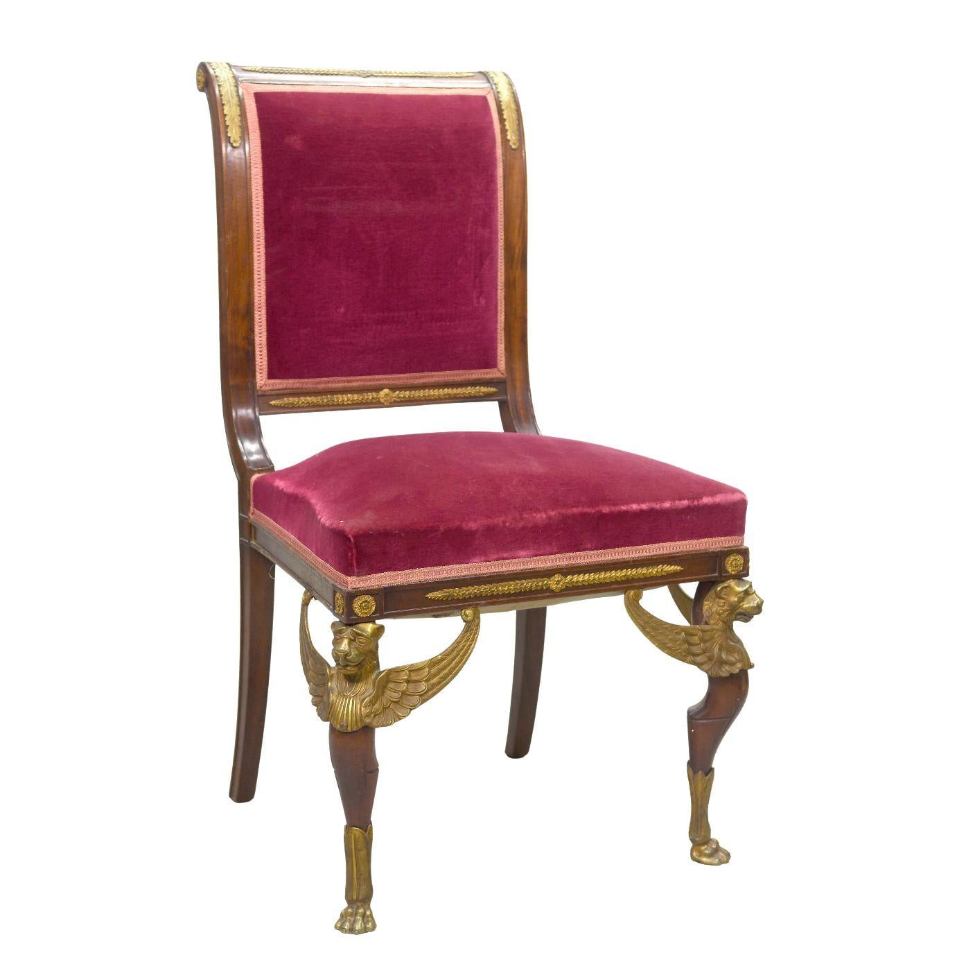 French 19th Pair of Empire Style Mahogany and Gilt Bronze Visitor Chairs
