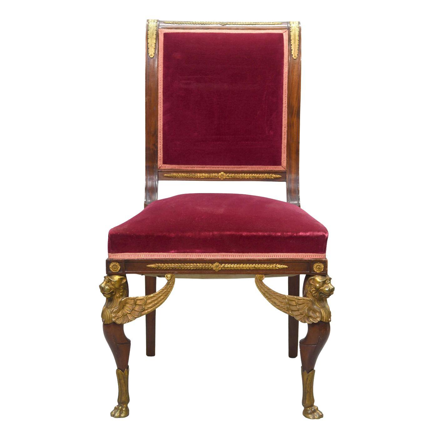19th Pair of Empire Style Mahogany and Gilt Bronze Visitor Chairs In Fair Condition In Marseille, FR