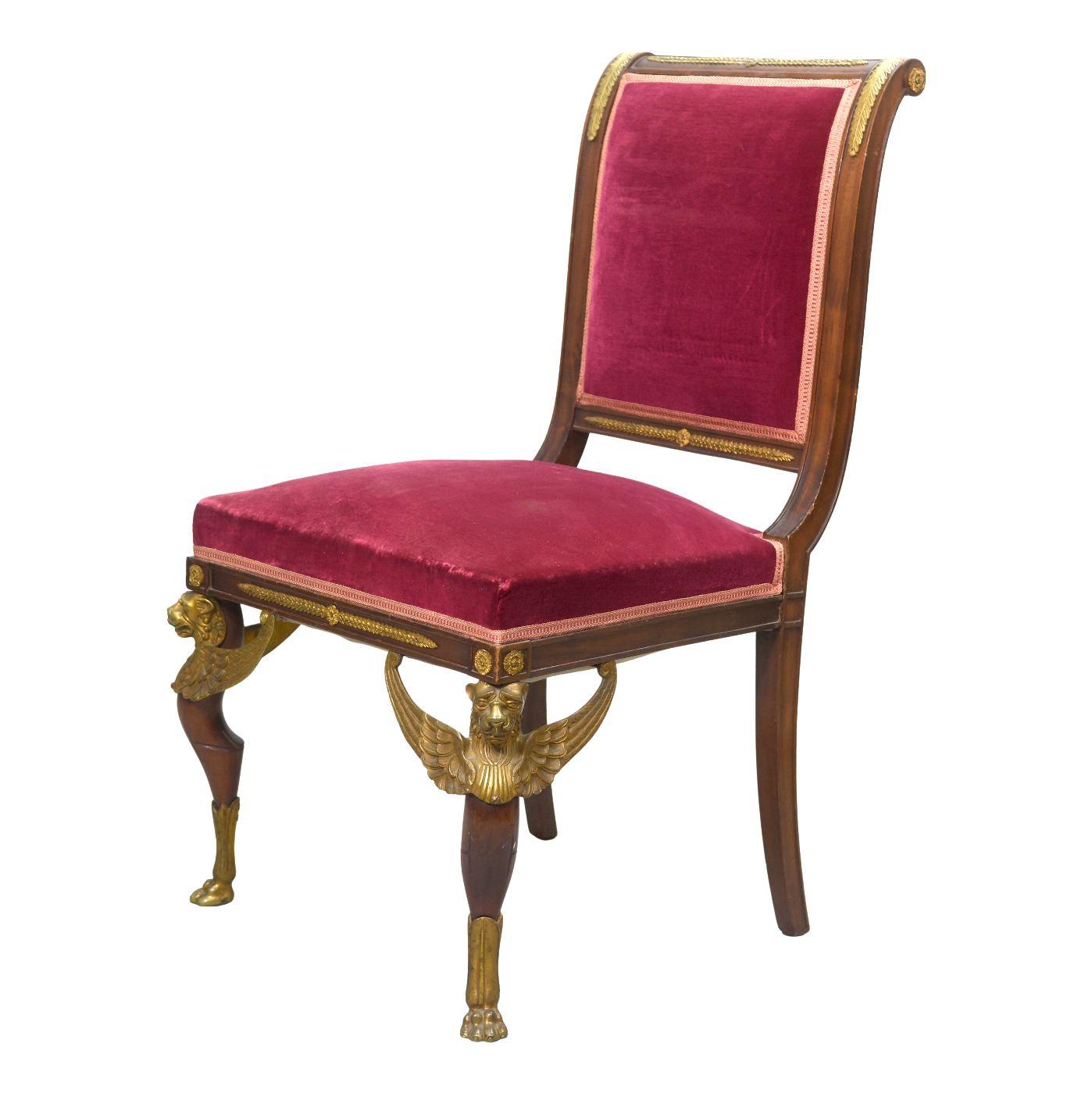 19th Century 19th Pair of Empire Style Mahogany and Gilt Bronze Visitor Chairs