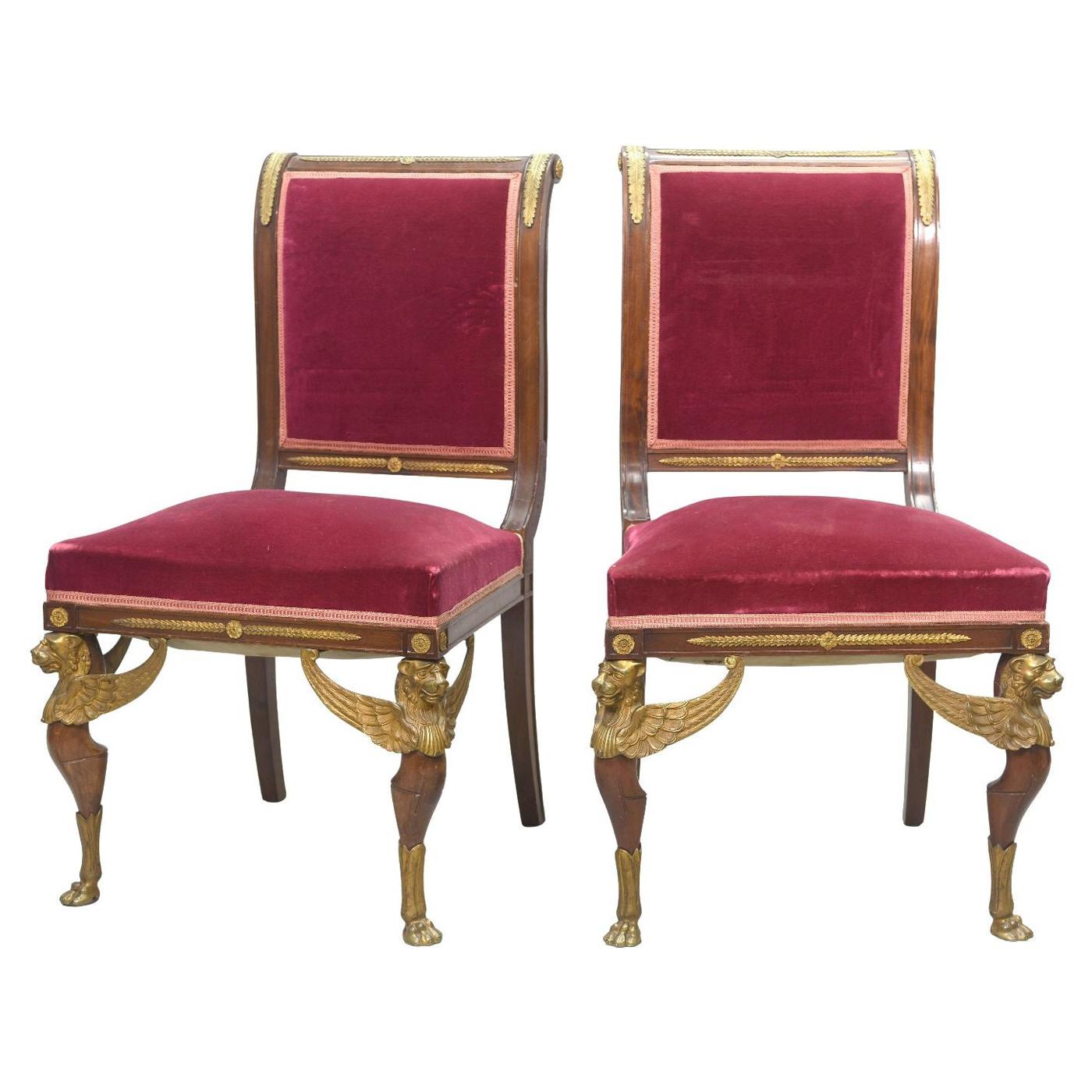 19th Pair of Empire Style Mahogany and Gilt Bronze Visitor Chairs