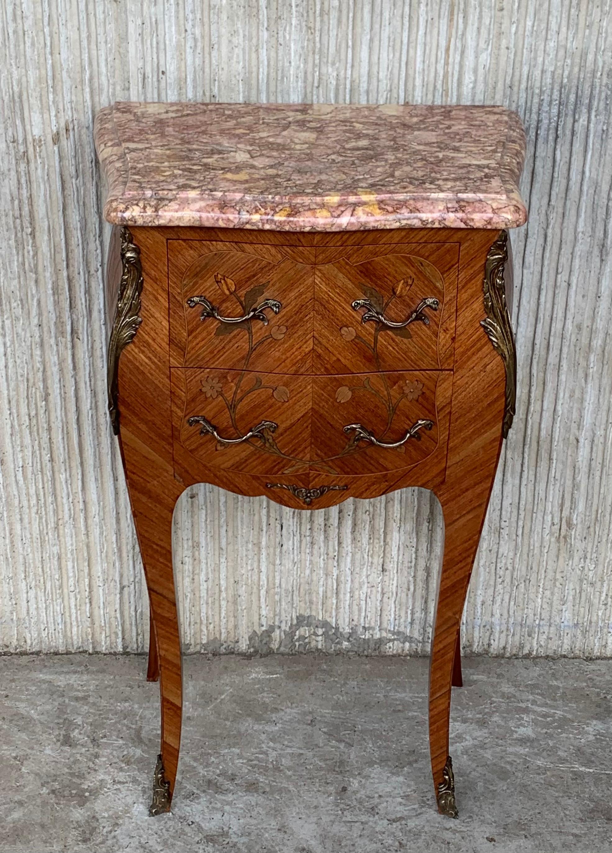 French Provincial 19th Pair of French Marquetry Nightstands with Roses and Marble Tops