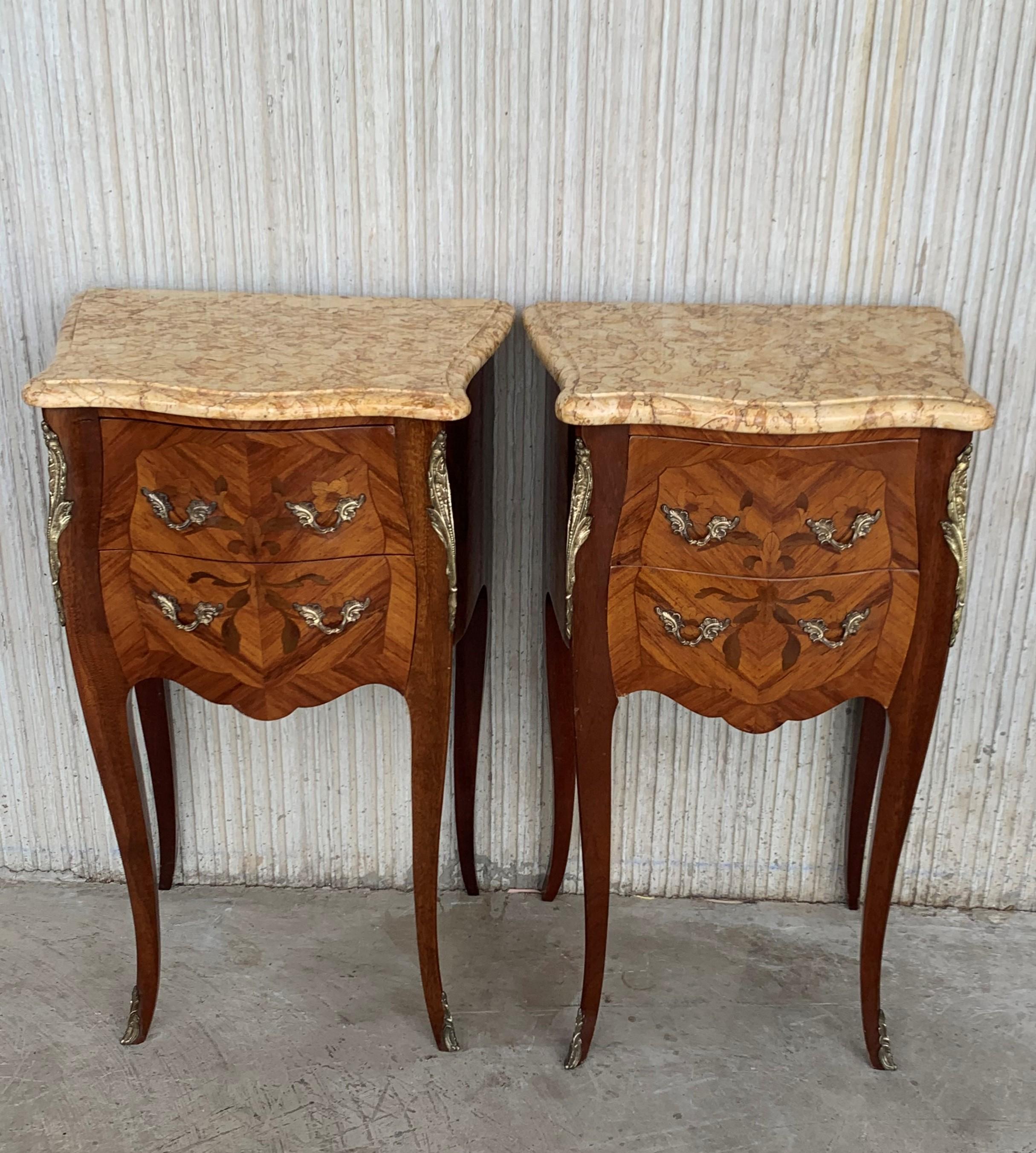 19th Century 19th Pair of French Marquetry Nightstands with Roses and Marble Tops