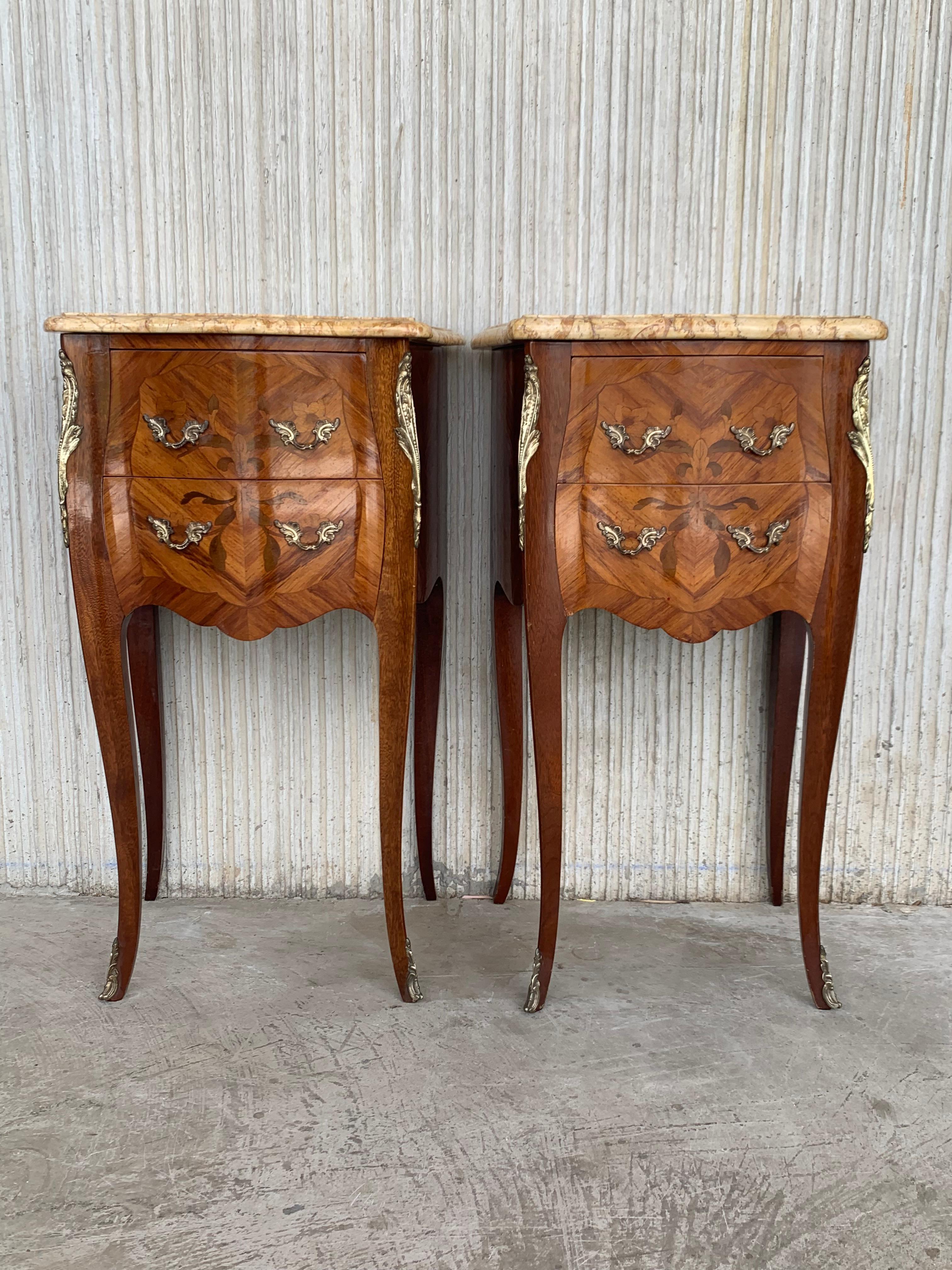 19th Pair of French Marquetry Nightstands with Roses and Marble Tops 1