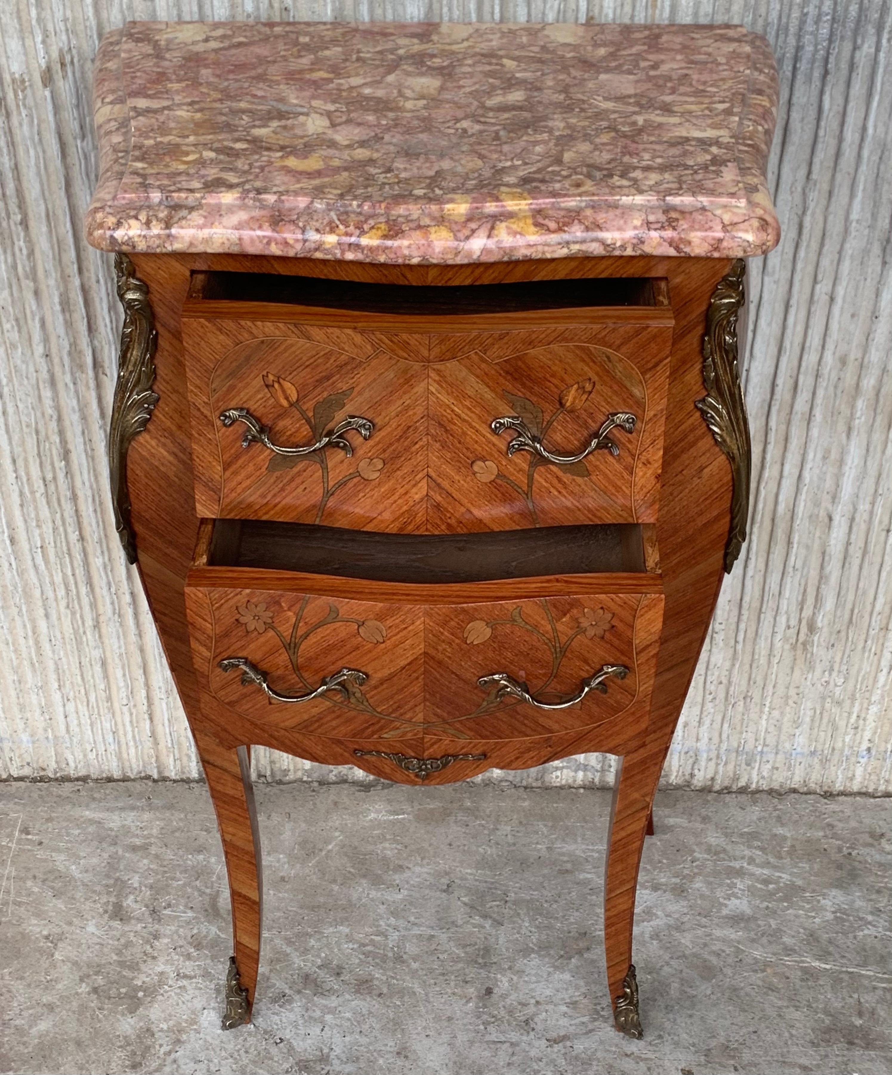 19th Century 19th Pair of French Marquetry Nightstands with Roses and Marble Tops