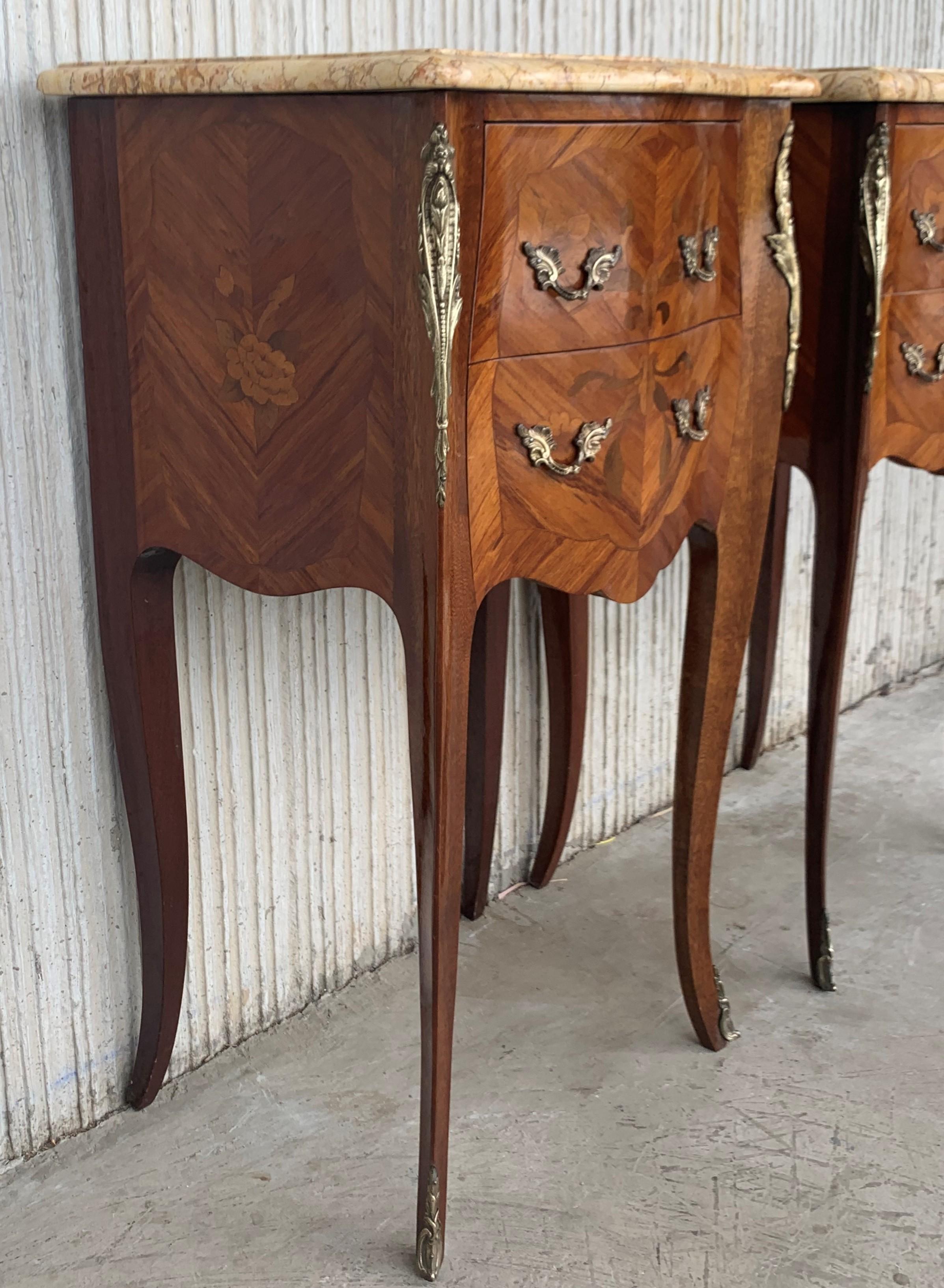 19th Pair of French Marquetry Nightstands with Roses and Marble Tops 2