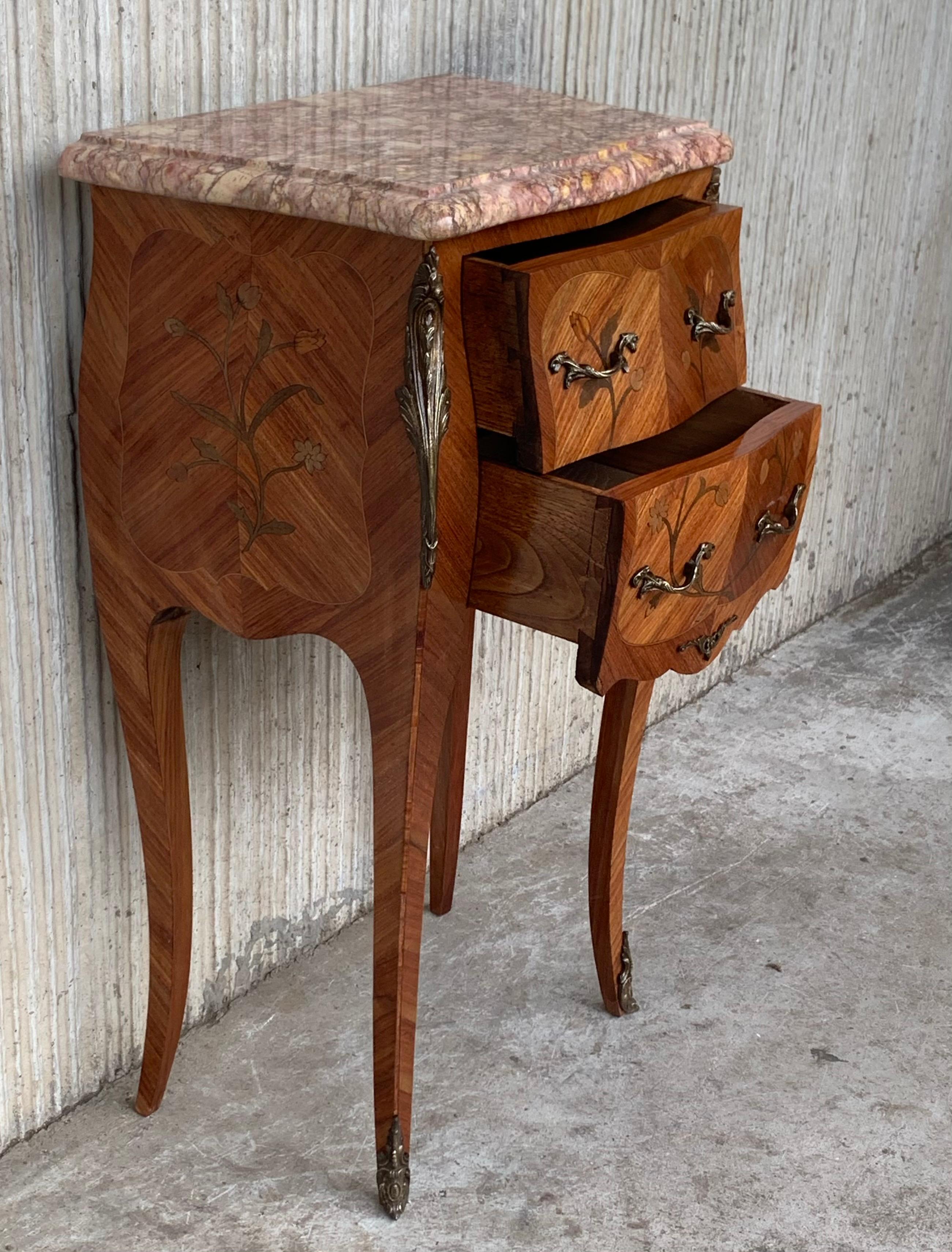 19th Pair of French Marquetry Nightstands with Roses and Marble Tops 1