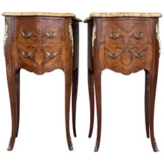 Antique 19th Pair of French Marquetry Nightstands with Roses and Marble Tops