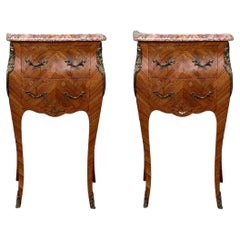 Antique 19th Pair of French Marquetry Nightstands with Roses and Marble Tops