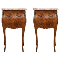 19th Pair of French Marquetry Nightstands with Roses and Marble Tops