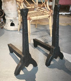 19th Pair of French Wrought Iron Fireplace and Irons with Faces