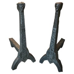 19th Pair of French Wrought Iron Fireplace and Irons with Faces