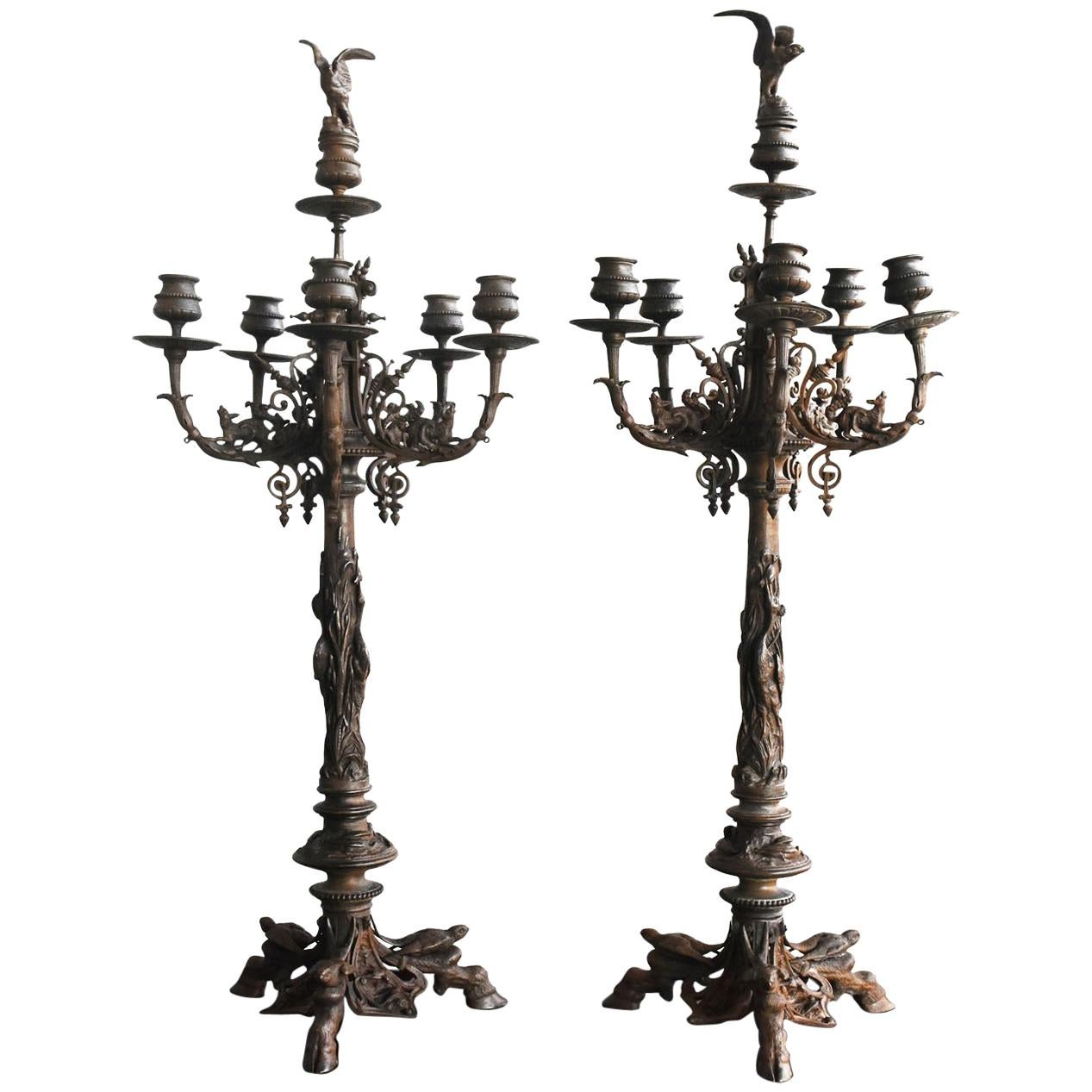 19th Pair of Large Bronze Candlesticks by Jules Moigniez