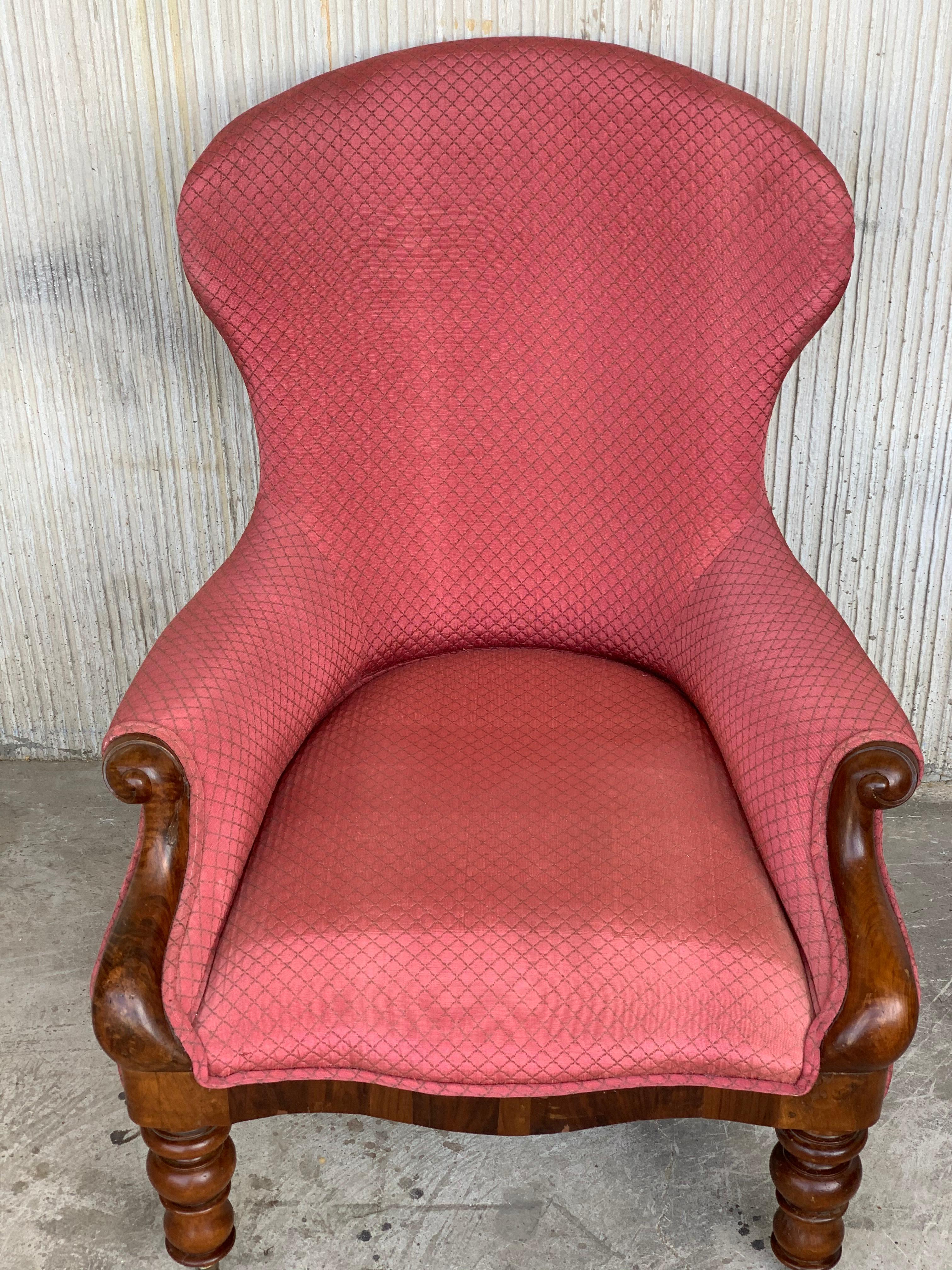 19th Century Pair of Louis XV Bergère Armchairs in Red Upholstered with Wheels In Good Condition In Miami, FL
