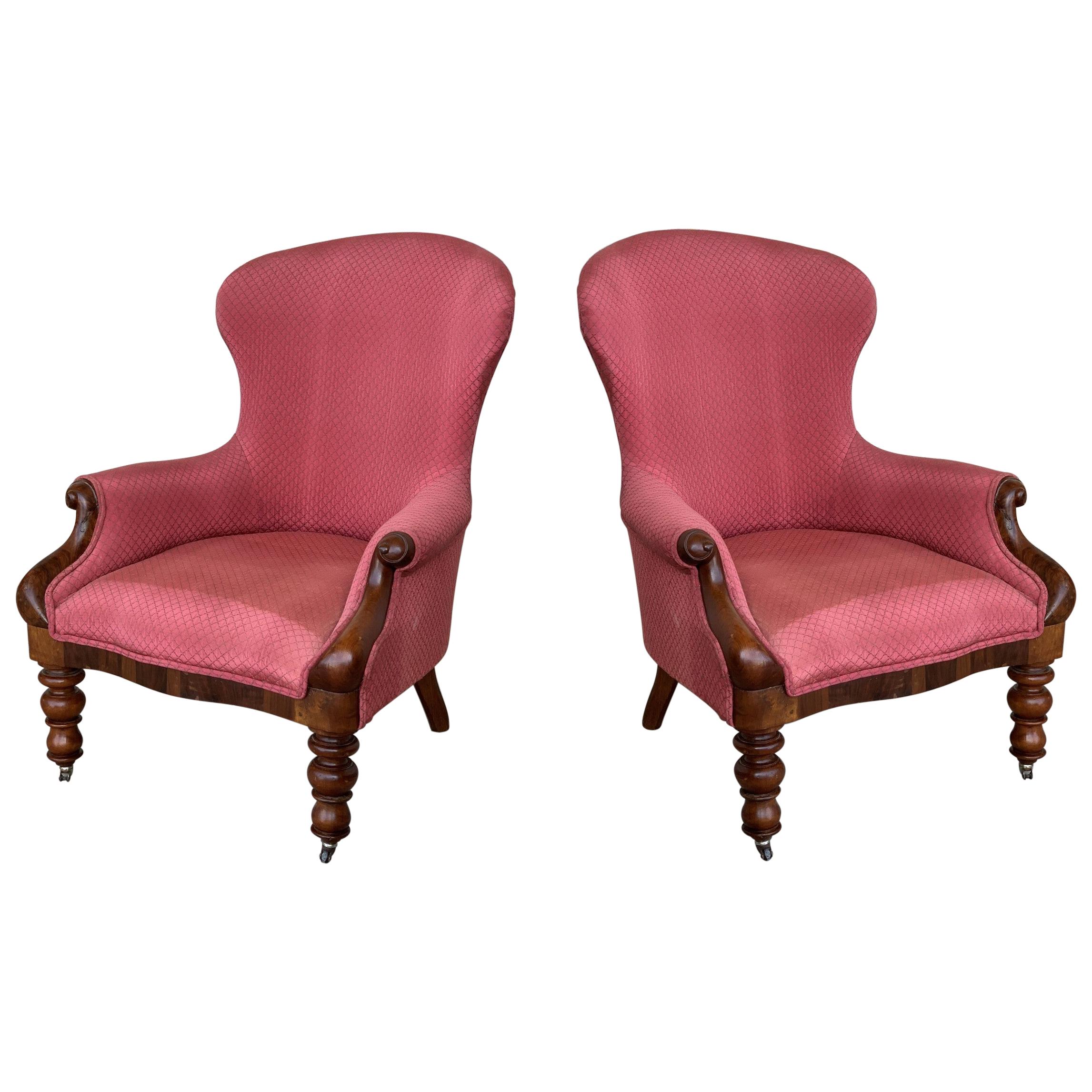 19th Century Pair of Louis XV Bergère Armchairs in Red Upholstered with Wheels