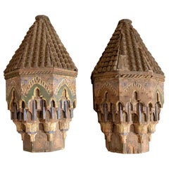 19th Pair of Moorish Corbels Carved and Polychromed in Wood
