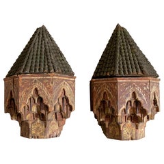 19th Pair of Moorish Corbels Carved and Polychromed in Wood