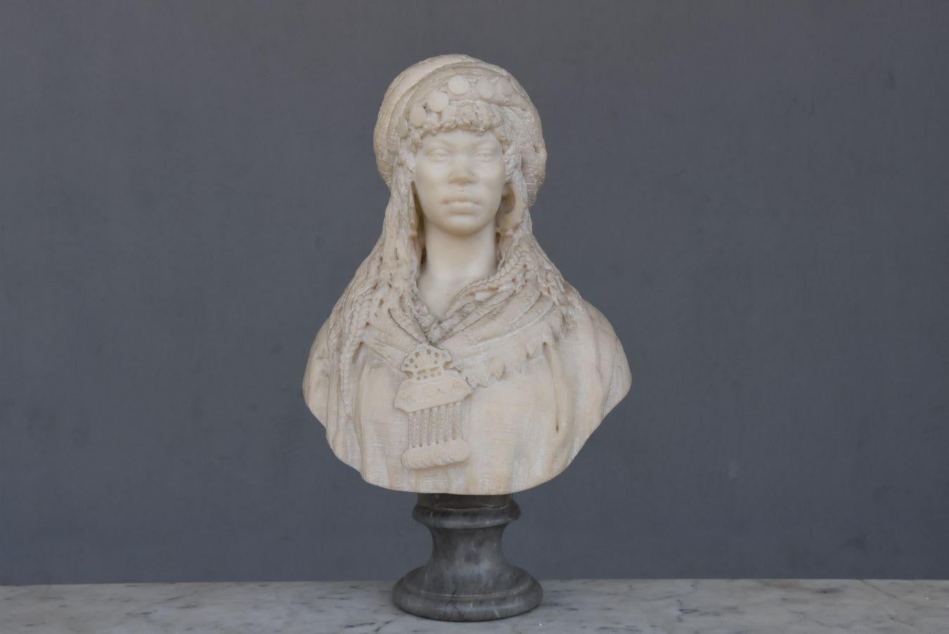 Italian 19th Pair of Oriental Busts in Carrara Marble by Vicenzo Ramaschiello For Sale