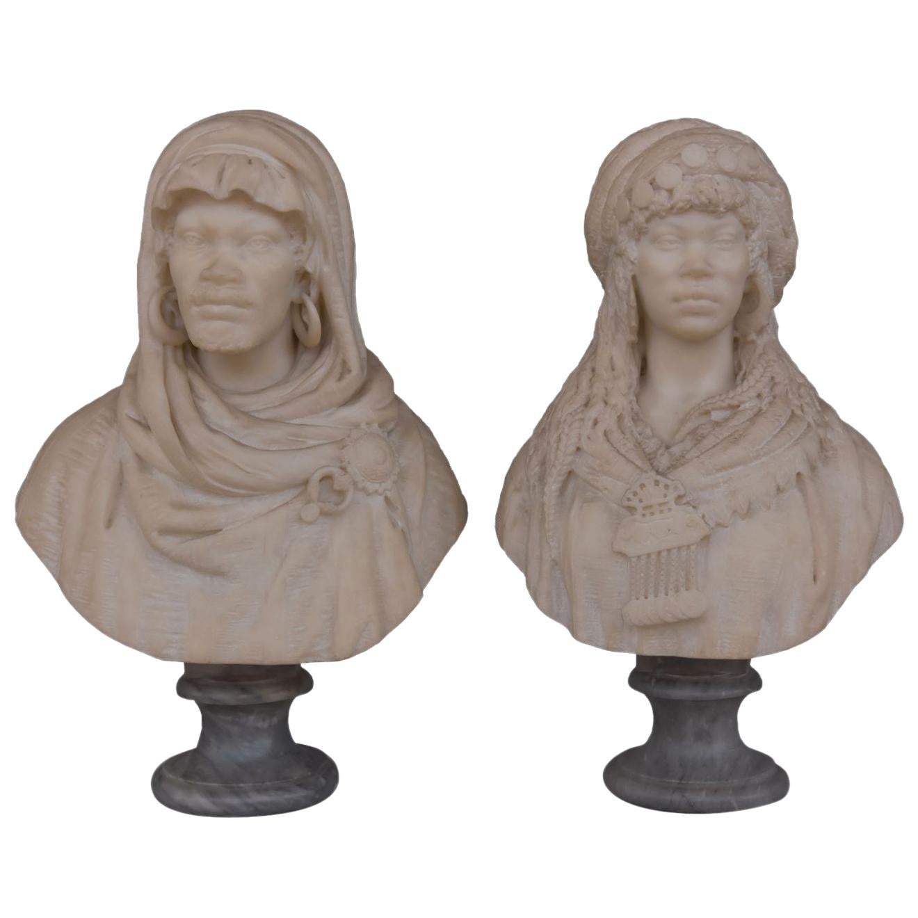 19th Pair of Oriental Busts in Carrara Marble by Vicenzo Ramaschiello