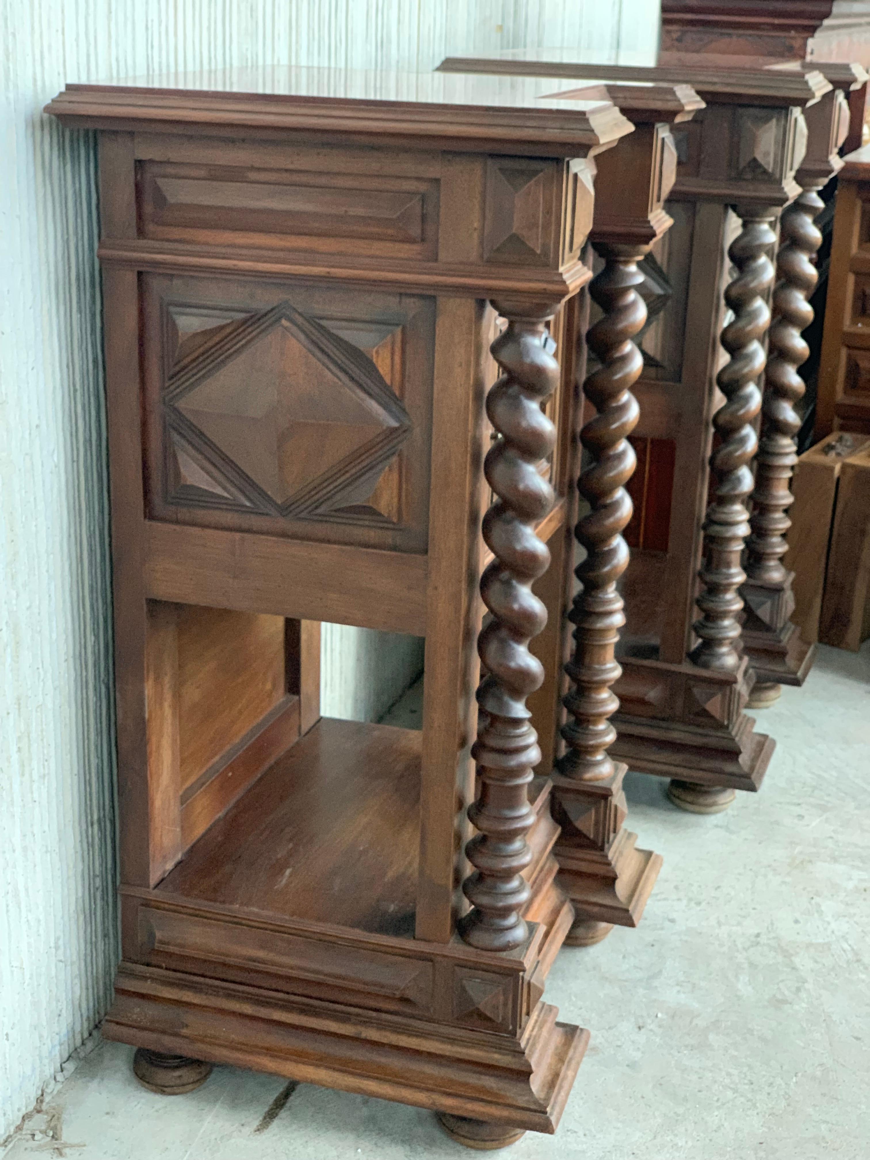 19th Century Pair of Solid Carved Brutalist French Nightstands with Solomonic Columns For Sale