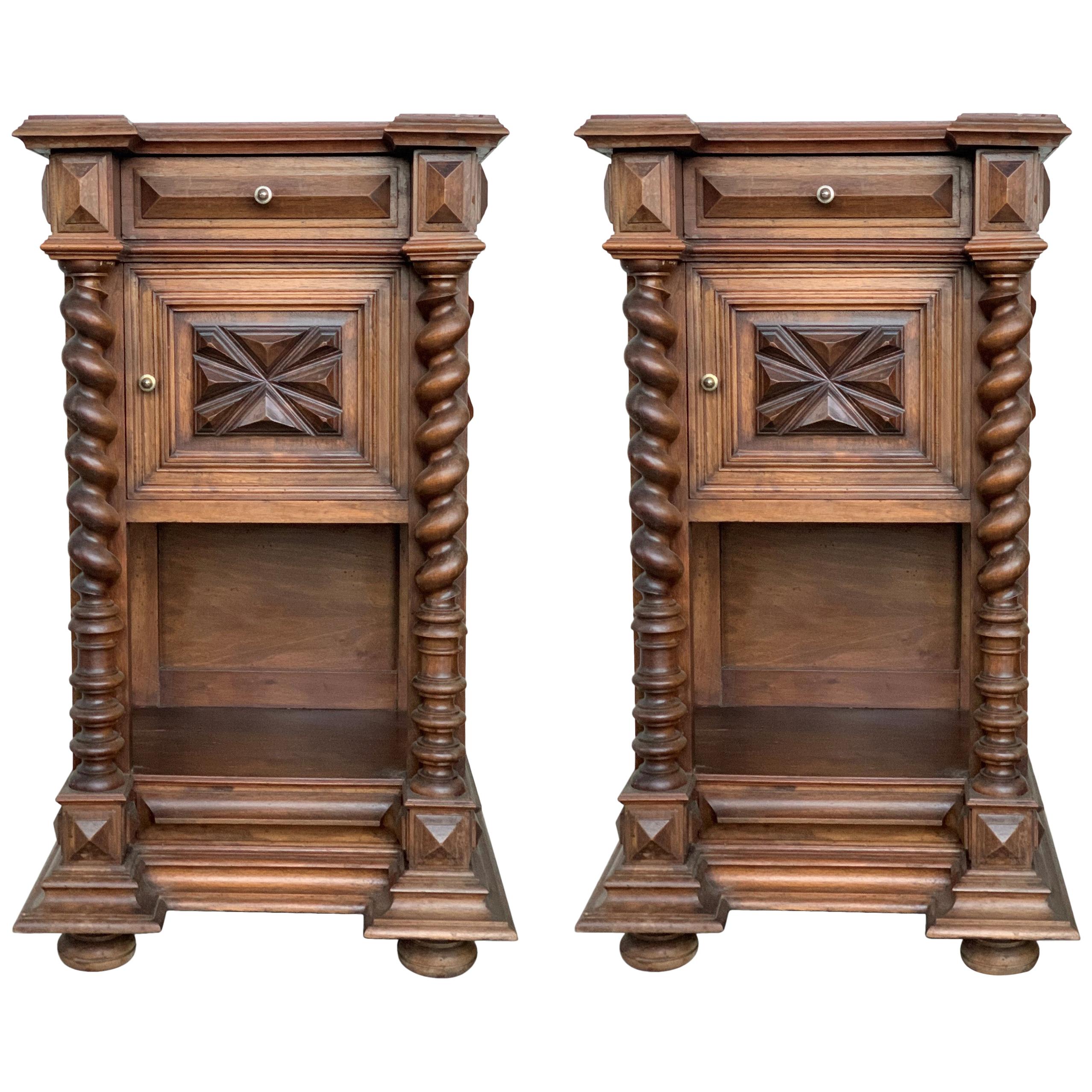 Pair of Solid Carved Brutalist French Nightstands with Solomonic Columns
