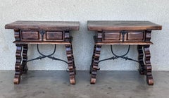19th Pair of Solid Walnut Baroque Lyre-Leg Trestle Nightstands with drawer