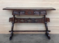 19th Solid Walnut Baroque Lyre-Leg Trestle Nightstands with drawer