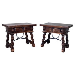 19th Pair of Solid Walnut Baroque Lyre-Leg Trestle Nightstands with drawer