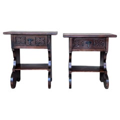 19th Pair of Solid Walnut Baroque Lyre-Leg Trestle Nightstands with drawer