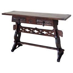 19th Solid Walnut Baroque Lyre-Leg Trestle Nightstands with drawer