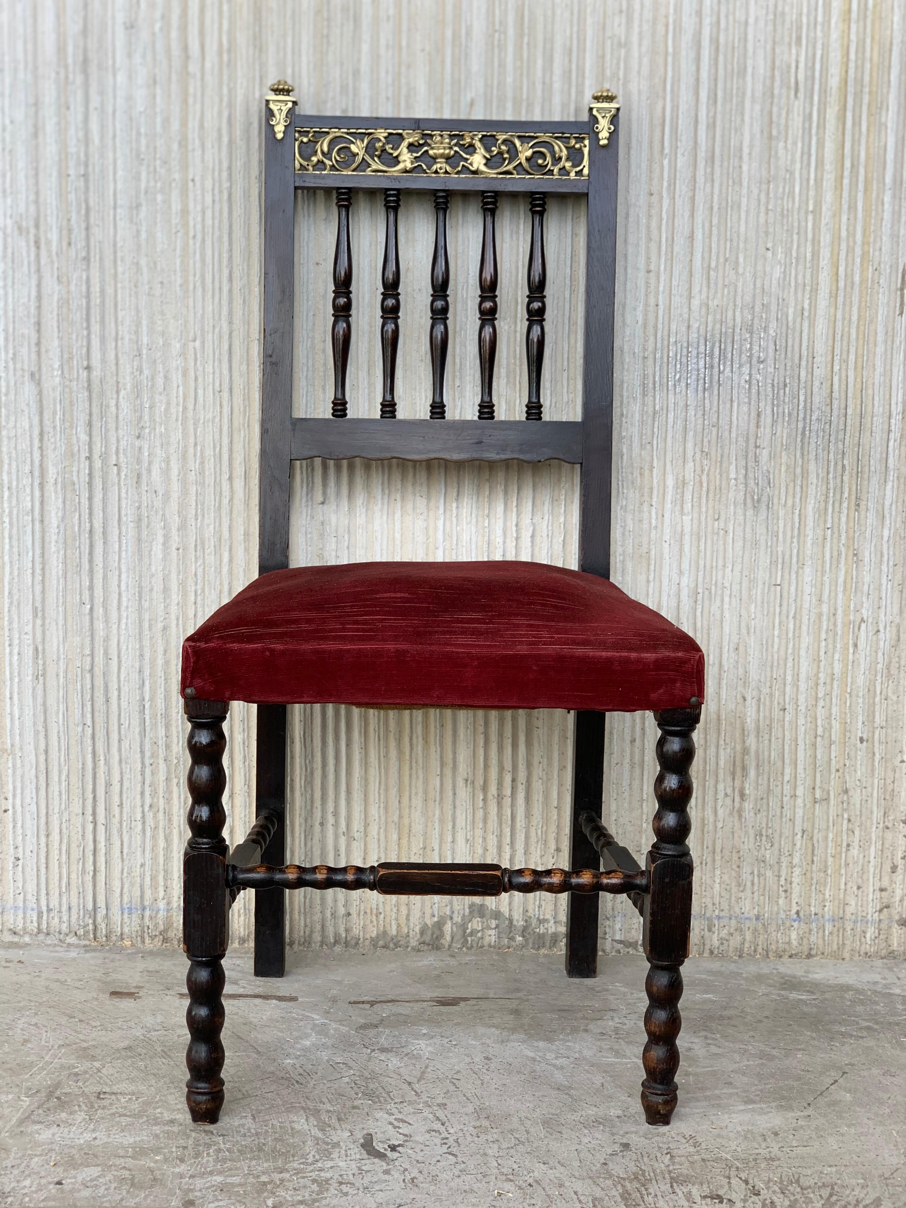 Pair of Spanish Armchairs with Bronze Details and Red Velvet Upholstery For Sale 6