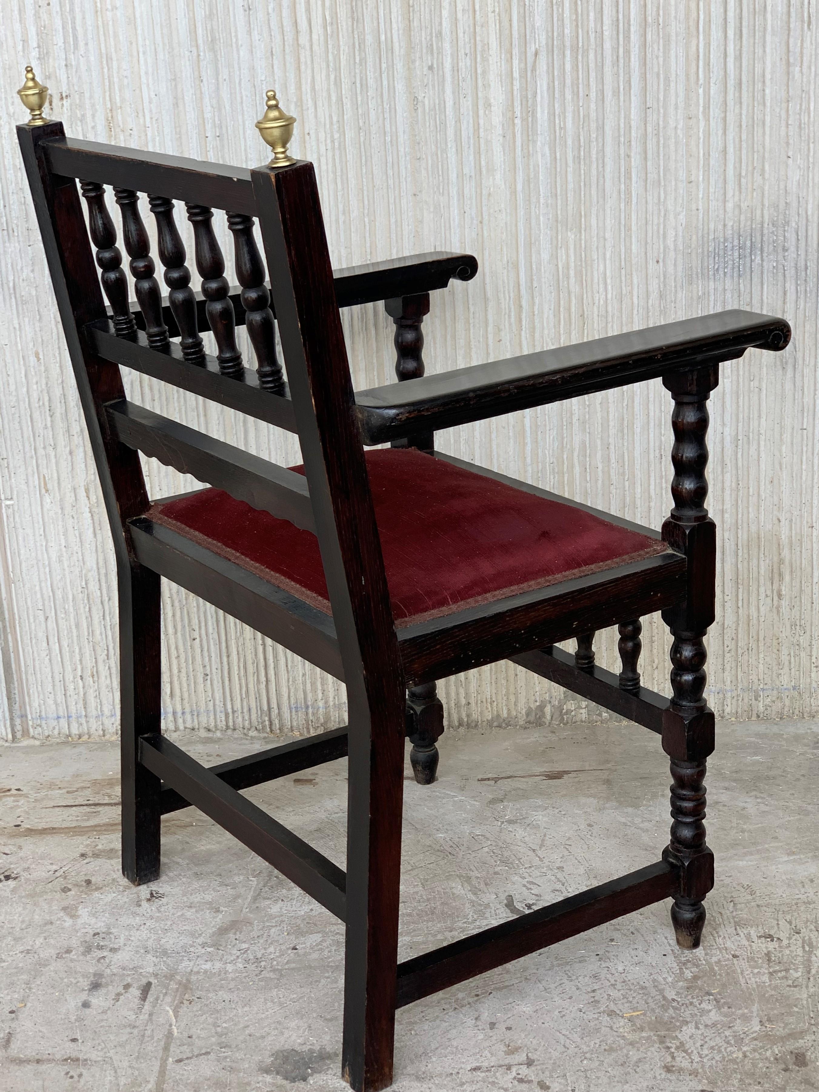 Spanish Colonial Pair of Spanish Armchairs with Bronze Details and Red Velvet Upholstery For Sale