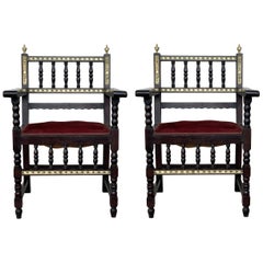 Pair of Spanish Armchairs with Bronze Details and Red Velvet Upholstery