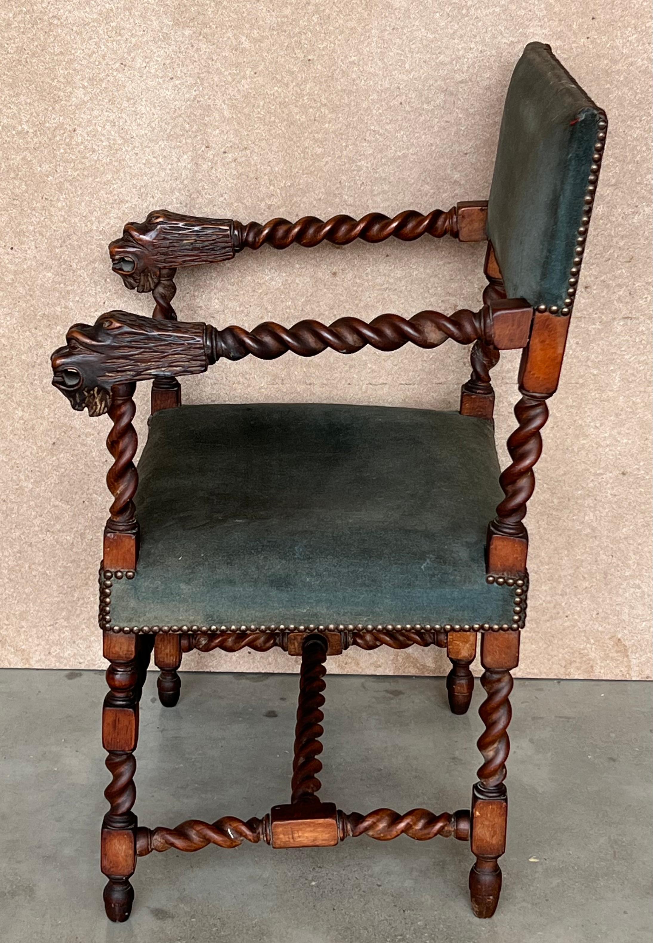 19th Pair of Spanish Carved Walnut Armchairs with Green Velvet In Good Condition In Miami, FL