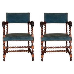 19th Pair of Spanish Carved Walnut Armchairs with Green Velvet