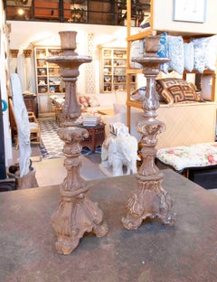 19th Pair of Spanish Carved Wood Baroque Candlesticks.