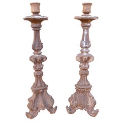 19th Pair of Spanish Carved Wood Baroque Candlesticks.