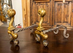 19th Pair of Spanish Gilded Nronze and Iron Morillos for Fireplace