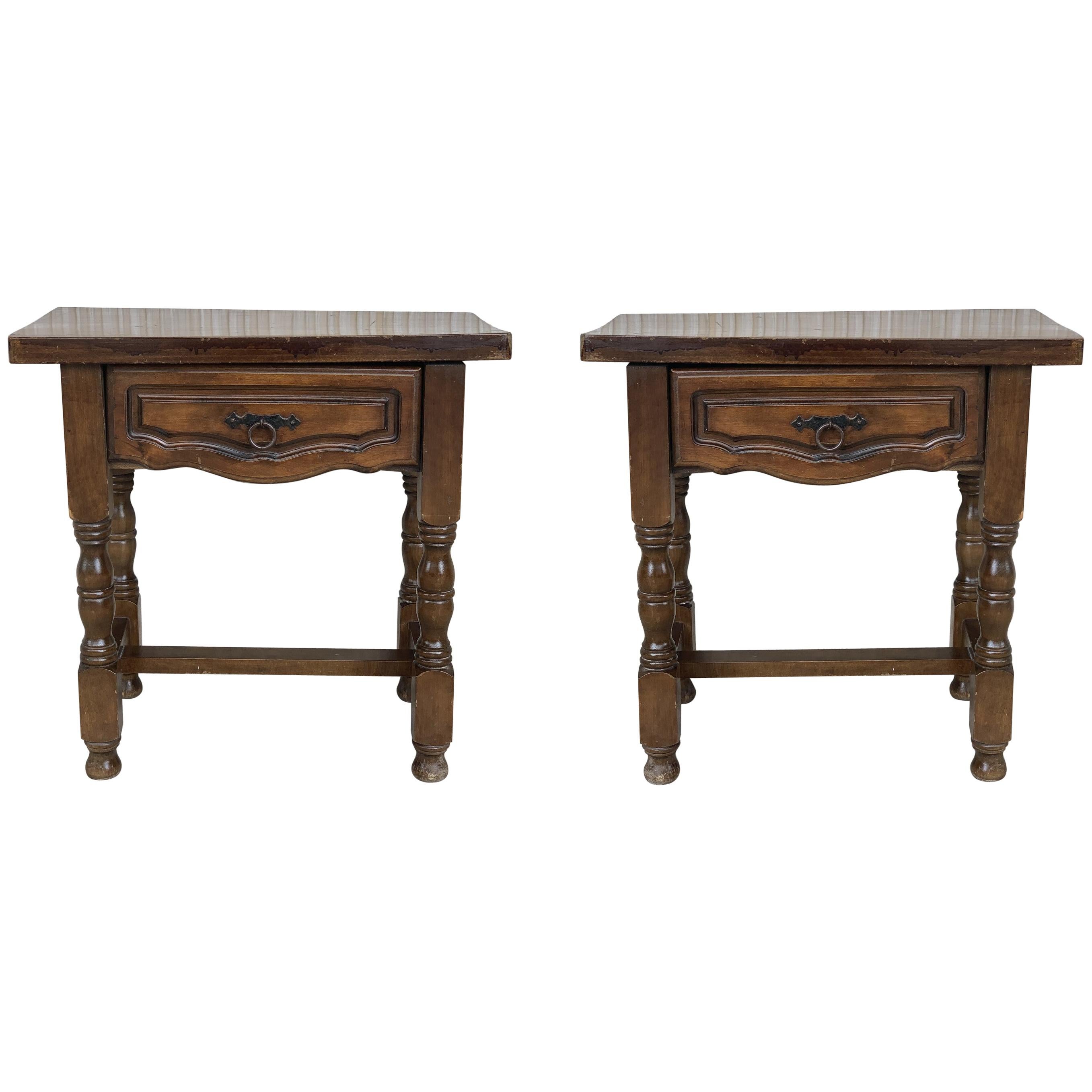 19th Century Pair of Spanish Nightstands, Side Tables with Carved Drawer
