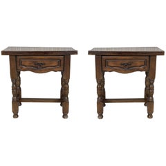 19th Century Pair of Spanish Nightstands, Side Tables with Carved Drawer