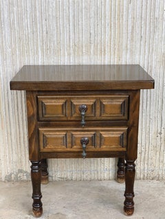 19th Pair of Spanish Nightstands, Bedsides, Side Tables with Two Carved Drawers