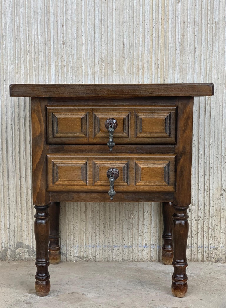 19th Pair of Spanish Nightstands, Bedsides, Side Tables with Two Carved